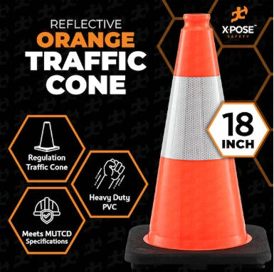 Traffic Safety Cone, 18 in, PVC, 6 in Reflective Collar, DOT Approved, Orange
