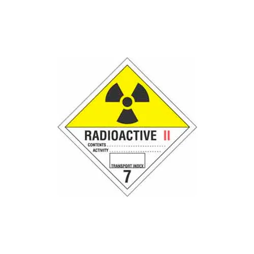 "Radioactive II" Hazard Class 7 Labels, 4"L x 4"W, White/Yellow/Red/Black, Roll of 500